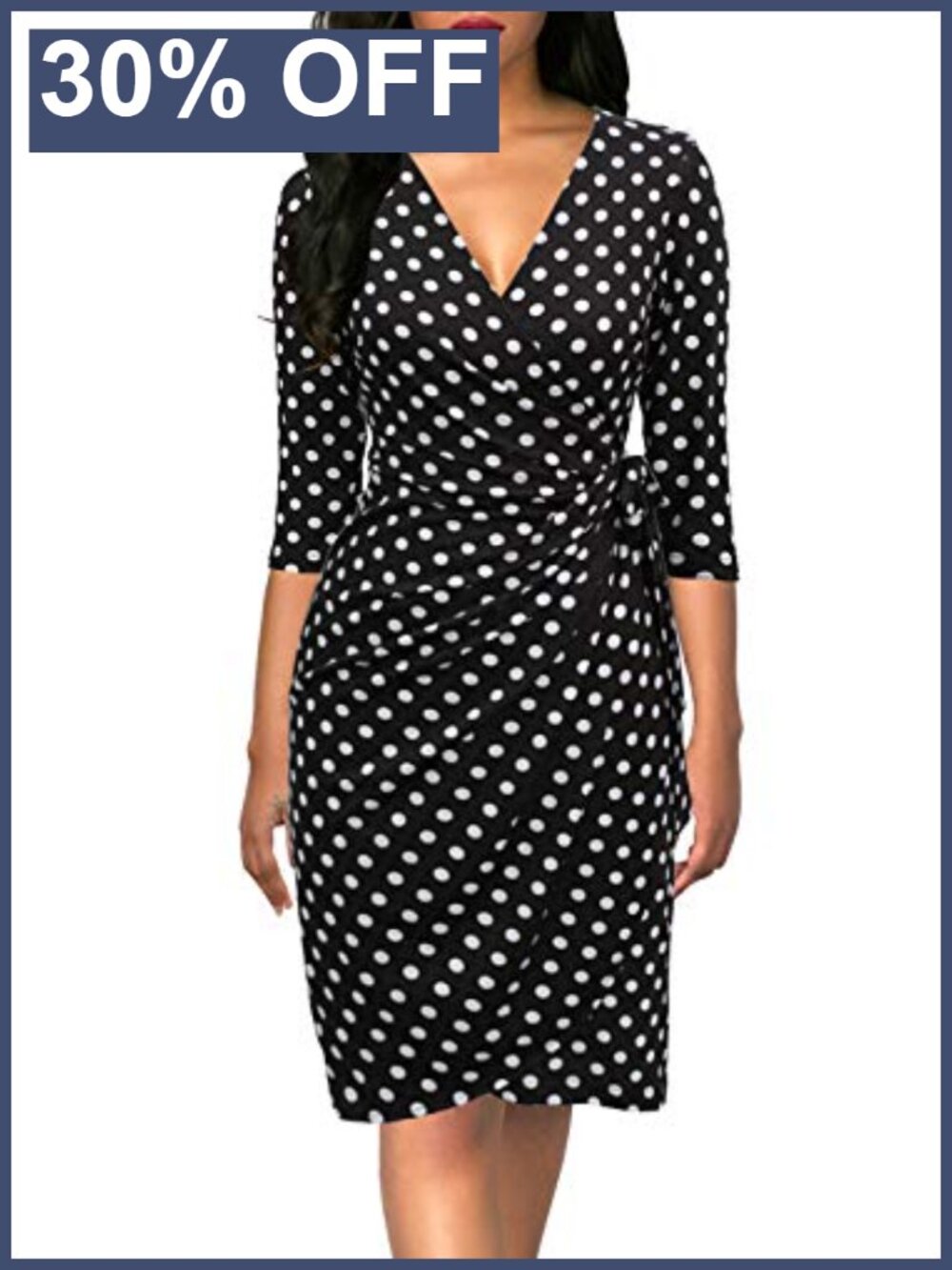 Women's 3/4 Sleeve V Neck Faux Wrap Knee-Length Dress Cotton Blend
